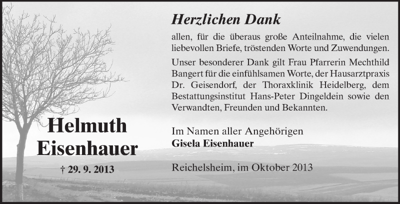  Traueranzeige für Helmuth Eisenhauer vom 26.10.2013 aus Odenwälder Echo