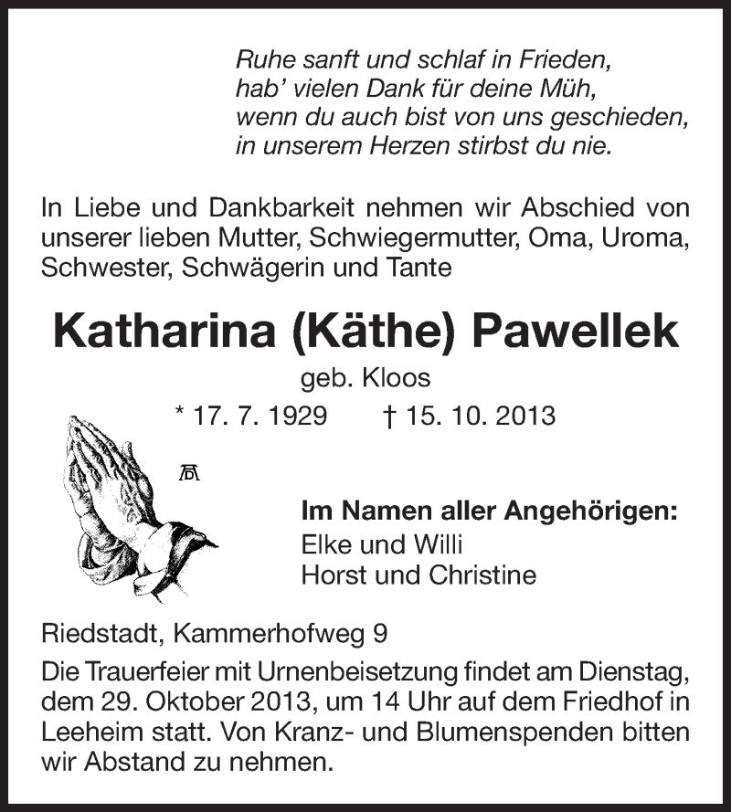  Traueranzeige für Katharina Pawellek vom 26.10.2013 aus Rüsselsheimer Echo, Groß-Gerauer-Echo, Ried Echo