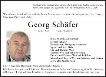 Traueranzeige von Georg Schäfer von Odenwälder Echo