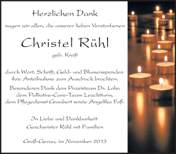 Traueranzeige von Christel Rühl von Rüsselsheimer Echo, Groß-Gerauer-Echo, Ried Echo