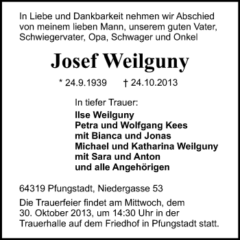 Traueranzeige von Josef Weilguny von Echo-Zeitungen (Gesamtausgabe)