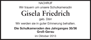 Traueranzeige von Gisela Friedrich von Rüsselsheimer Echo, Groß-Gerauer-Echo, Ried Echo