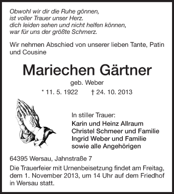 Traueranzeige von Mariechen Gärtner von Odenwälder Echo