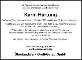 Traueranzeige von Karin Hartung von Rüsselsheimer Echo, Groß-Gerauer-Echo, Ried Echo