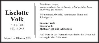 Traueranzeige von Liselotte Volk von Echo-Zeitungen (Gesamtausgabe)