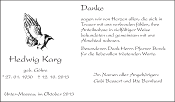 Traueranzeige von Hedwig Karg von Odenwälder Echo