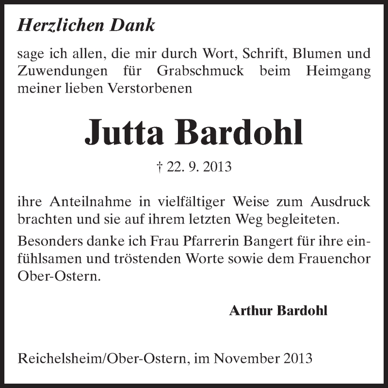  Traueranzeige für Jutta Bardohl vom 02.11.2013 aus Odenwälder Echo