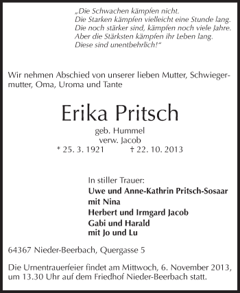 Traueranzeige von Erika Pritsch von Echo-Zeitungen (Gesamtausgabe)