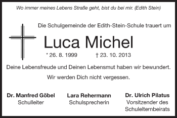 Traueranzeige von Luca Michel von Echo-Zeitungen (Gesamtausgabe)