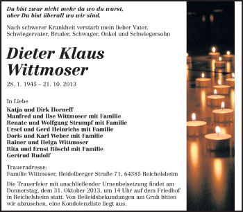 Traueranzeige von Dieter Klaus Wittmoser von Odenwälder Echo