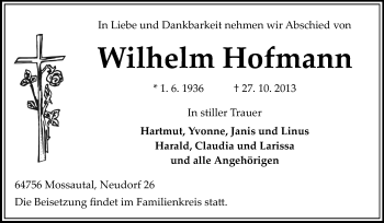 Traueranzeige von Wilhelm Hofmann von Odenwälder Echo