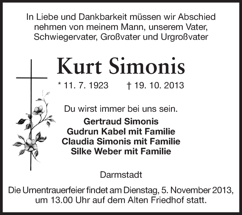  Traueranzeige für Kurt Simonis vom 02.11.2013 aus Echo-Zeitungen (Gesamtausgabe)