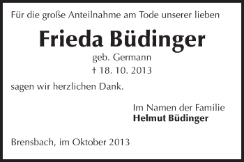 Traueranzeige von Frieda Büdinger von Echo-Zeitungen (Gesamtausgabe)