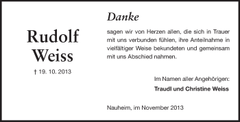 Traueranzeige von Rudolf Weiss von Rüsselsheimer Echo, Groß-Gerauer-Echo, Ried Echo