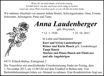 Traueranzeige von Anna Laudenberger von Odenwälder Echo