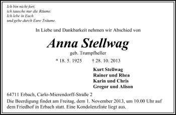 Traueranzeige von Anna Stellwag von Odenwälder Echo