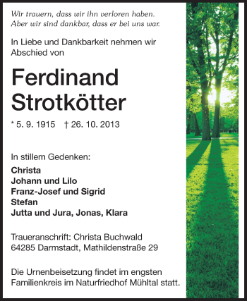Traueranzeige von Ferdinand Strotkötter von Echo-Zeitungen (Gesamtausgabe)