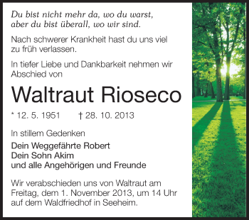 Traueranzeige von Waltraut Rioseco von Echo-Zeitungen (Gesamtausgabe)