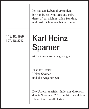 Traueranzeige von Karl Heinz Spamer von Echo-Zeitungen (Gesamtausgabe)