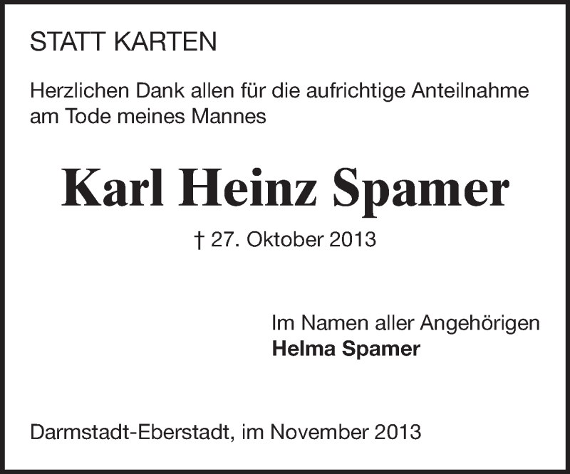  Traueranzeige für Karl Heinz Spamer vom 09.11.2013 aus Echo-Zeitungen (Gesamtausgabe)