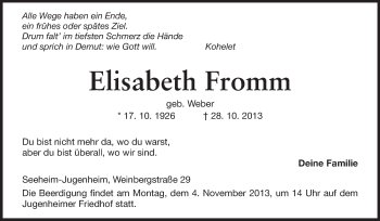 Traueranzeige von Elisabeth Fromm von Echo-Zeitungen (Gesamtausgabe)