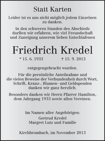 Traueranzeige von Friedrich Kredel von Echo-Zeitungen (Gesamtausgabe)