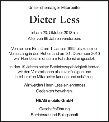 Traueranzeige von Dieter Less von Echo-Zeitungen (Gesamtausgabe)