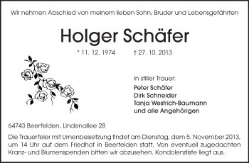 Traueranzeige von Holger Schäfer von Odenwälder Echo