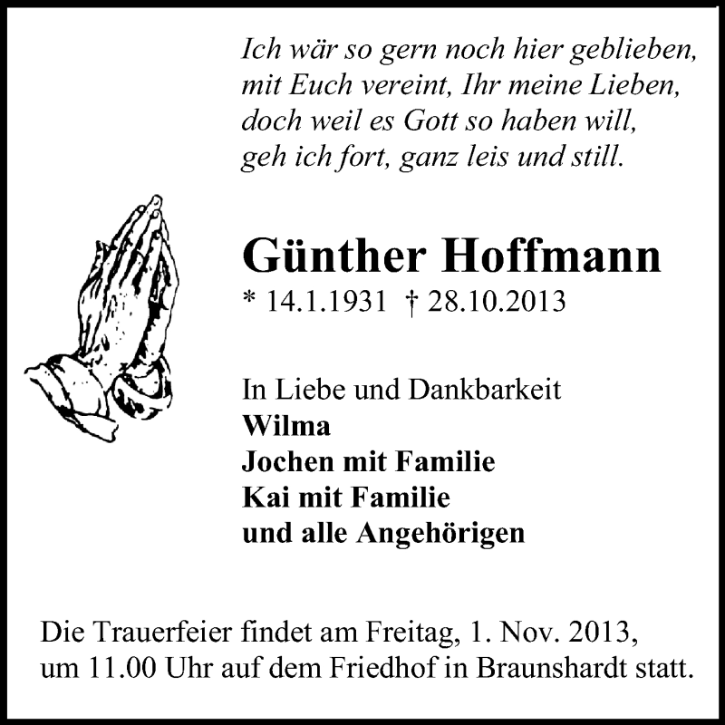  Traueranzeige für Günther Hoffmann vom 31.10.2013 aus Echo-Zeitungen (Gesamtausgabe)