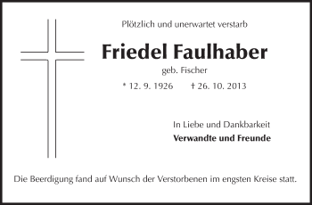 Traueranzeige von Friedel Faulhaber von Echo-Zeitungen (Gesamtausgabe)