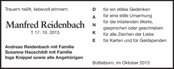 Traueranzeige von Manfred Reidenbach von Rüsselsheimer Echo, Groß-Gerauer-Echo, Ried Echo
