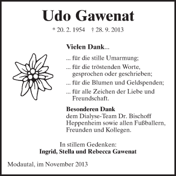 Traueranzeige von Udo Gawenat von Echo-Zeitungen (Gesamtausgabe)