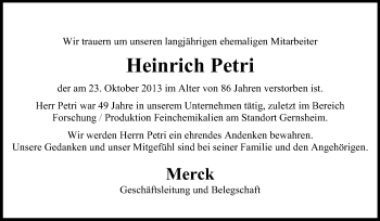 Traueranzeige von Heinrich Petri von Rüsselsheimer Echo, Groß-Gerauer-Echo, Ried Echo