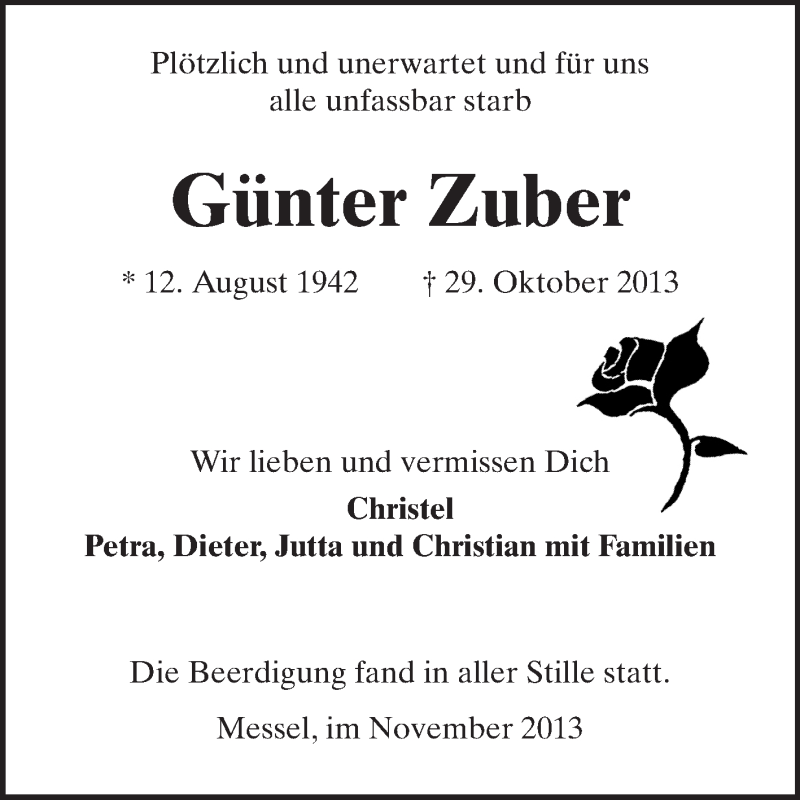  Traueranzeige für Günter Zuber vom 05.11.2013 aus Echo-Zeitungen (Gesamtausgabe)