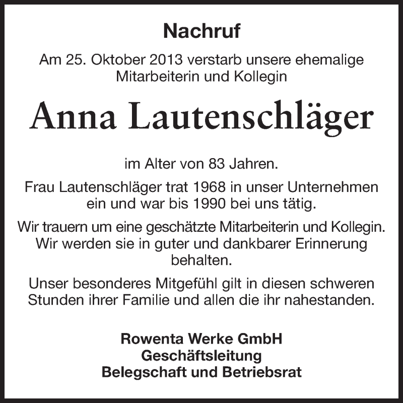  Traueranzeige für Anna Lautenschläger vom 01.11.2013 aus Odenwälder Echo