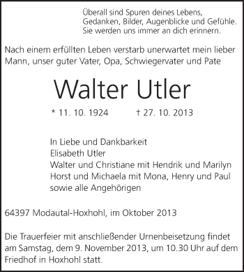 Traueranzeige von Walter Utler von Darmstädter Echo, Odenwälder Echo, Rüsselsheimer Echo, Groß-Gerauer-Echo, Ried Echo
