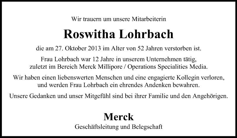  Traueranzeige für Roswitha Lohrbach vom 02.11.2013 aus Echo-Zeitungen (Gesamtausgabe)