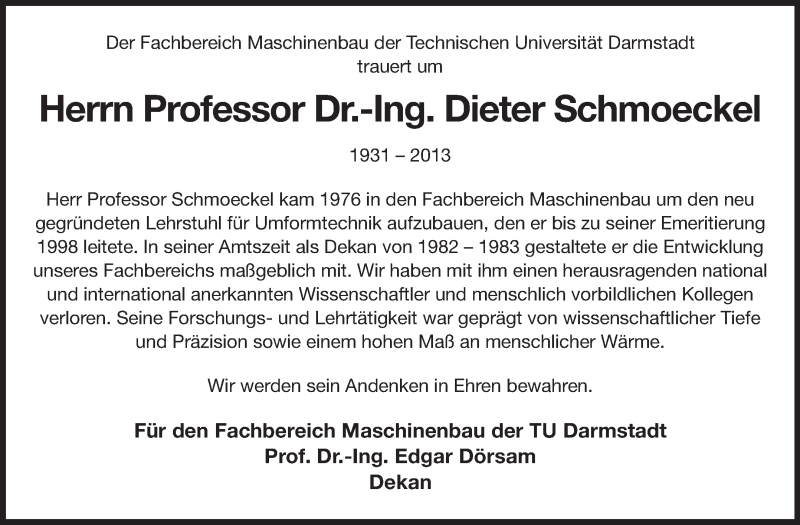  Traueranzeige für Dieter Schmoeckel vom 02.11.2013 aus Echo-Zeitungen (Gesamtausgabe)