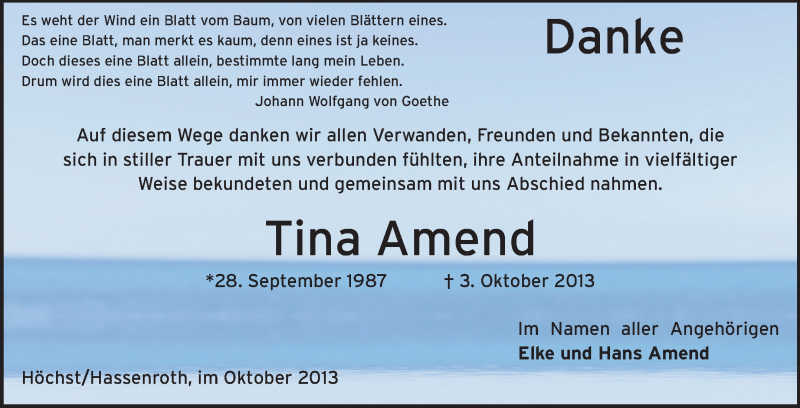  Traueranzeige für Tina Amend vom 02.11.2013 aus Echo-Zeitungen (Gesamtausgabe)