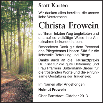 Traueranzeige von Christa Frowein von Darmstädter Echo, Odenwälder Echo, Rüsselsheimer Echo, Groß-Gerauer-Echo, Ried Echo