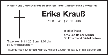 Traueranzeige von Erika Krauß von Rüsselsheimer Echo, Groß-Gerauer-Echo, Ried Echo