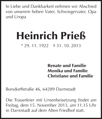 Traueranzeige von Heinrich Prieß von Echo-Zeitungen (Gesamtausgabe)