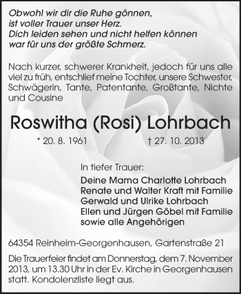 Traueranzeige von Roswitha Lohrbach von Echo-Zeitungen (Gesamtausgabe)