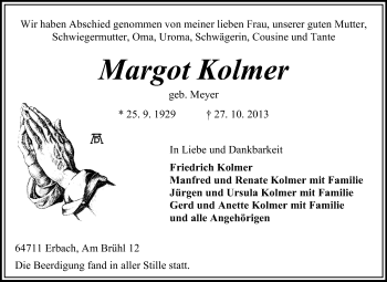 Traueranzeige von Margot Kolmer  von Odenwälder Echo