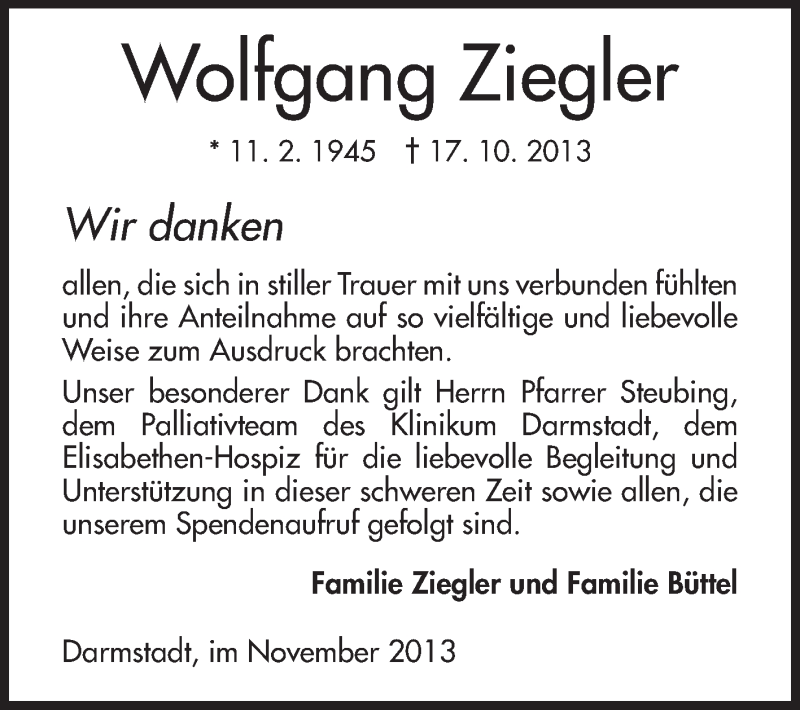  Traueranzeige für Wolfgang Ziegler vom 02.11.2013 aus Echo-Zeitungen (Gesamtausgabe)