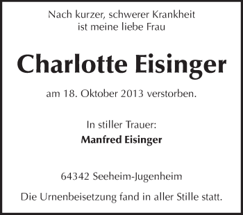 Traueranzeige von Charlotte Eisinger von Echo-Zeitungen (Gesamtausgabe)