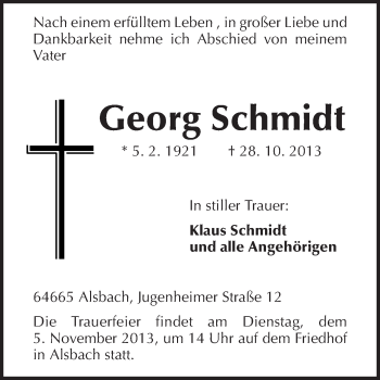 Traueranzeige von Georg Schmidt von Echo-Zeitungen (Gesamtausgabe)