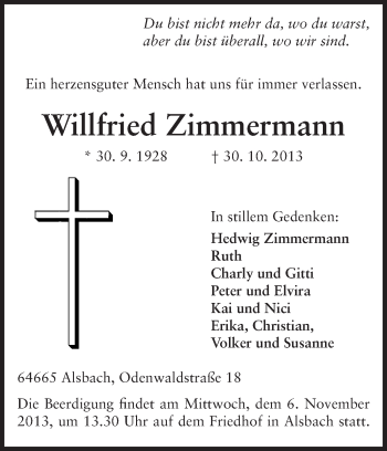 Traueranzeige von Willfried Zimmermann von Echo-Zeitungen (Gesamtausgabe)