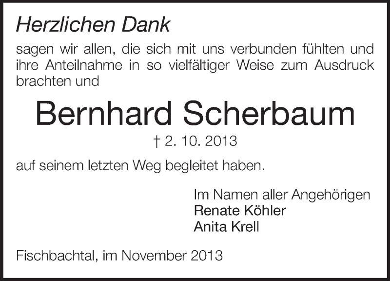  Traueranzeige für Bernhard Scherbaum vom 02.11.2013 aus Echo-Zeitungen (Gesamtausgabe)