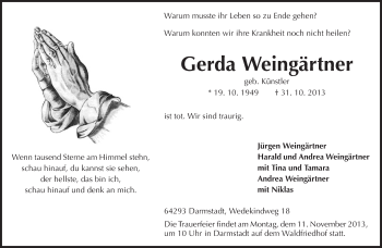 Traueranzeige von Gerda Weingärtner von Darmstädter Echo, Odenwälder Echo, Rüsselsheimer Echo, Groß-Gerauer-Echo, Ried Echo
